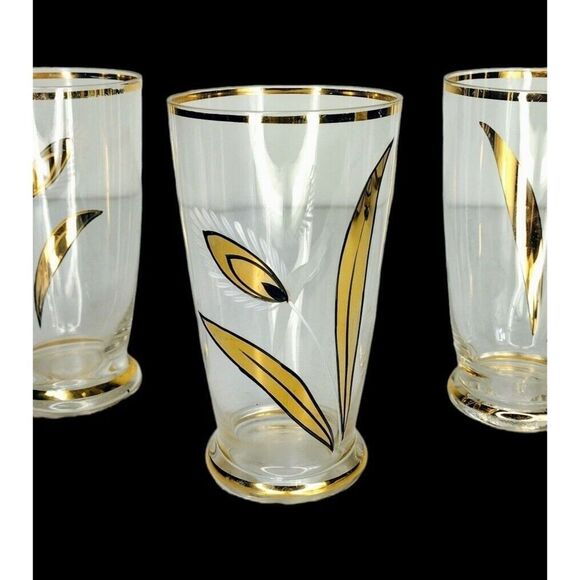 Vintage MCM Barware Wheat Leaf Gold Trim Tom Collins Highball Glasses Set of 3 - Picture 1 of 10